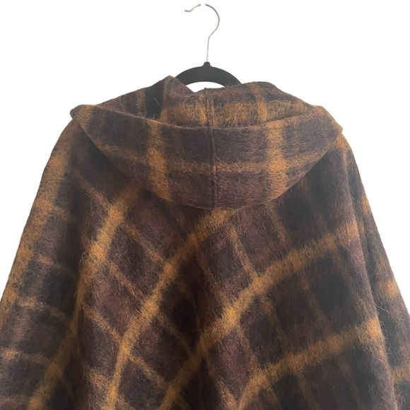 TERRAWARE Earth Aware Plaid Wool Cashmere Hooded Poncho Wrap Jacket Coat Brown M - Picture 5 of 11